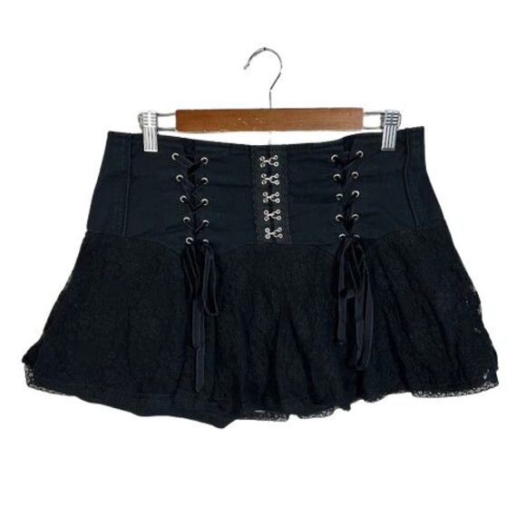 VTG Y2K Tripp NYC Mini Skirt L Black Lace Corset Bow Ruffle Emo Punk Goth - Picture 1 of 9